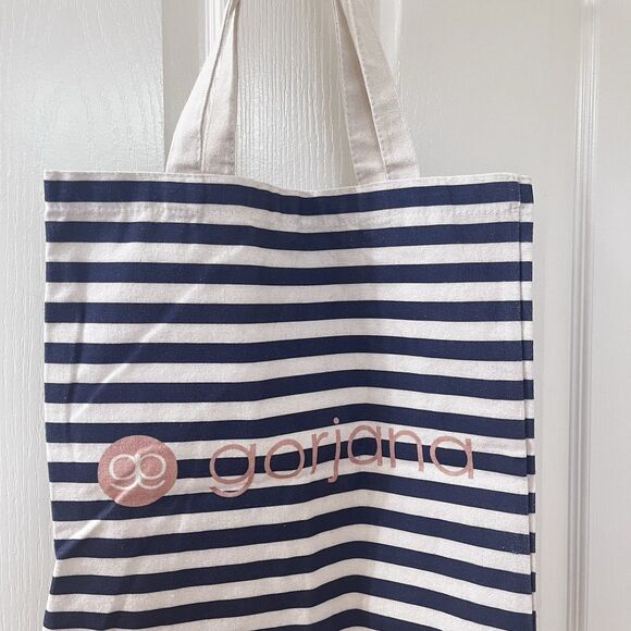 Gorjana Blue and Off-White Striped Canvas Logo Reusable Shopping Tote Bag - Picture 3 of 11